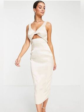 ASOS DESIGN Tall Twist Detail Textured Neutral Cream Midi Dress
